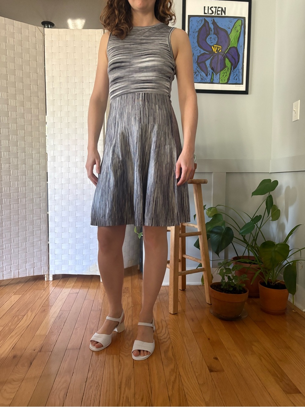 Karen Millen Sleeveless Stretch Gray Striped A-Line Dress